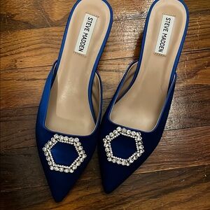 Steve Madden Blue Satin Mules with Rhinestone Detail